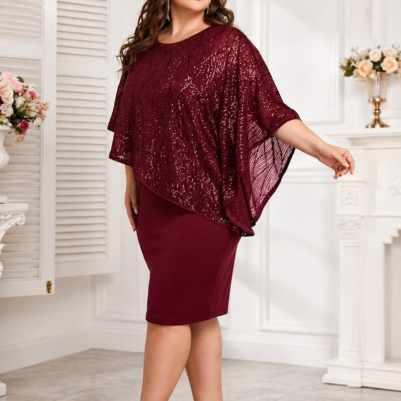 Vestido Midi Liz com Sobreposição Assimétrica, Detalhes Brilhantes e Decote Arredondado