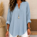 Blusa Aline em Linho de Algodão com Mangas Longas Dobráveis e Decote em V