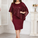 Vestido Midi Liz com Sobreposição Assimétrica, Detalhes Brilhantes e Decote Arredondado