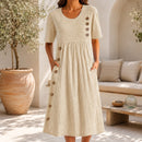 Vestido Elvanna com Estampa de Listras Delicadas e Botões Decorativos Chiques