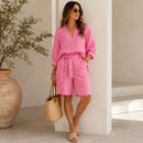 Conjunto Nalenne em Linho de Algodão com Camisa Ampla e Bermuda de Cós Ajustável