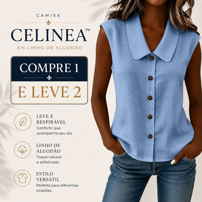 (Compre 1 Leve 2) Camisa Celinea em Linho de algodão Com Gola Elegante e Botões Frontais