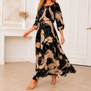 Vestido Longo Veloria com Estampa Abstrata, Cintura Marcada e Mangas 3/4