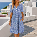 Vestido Midi Florena com Botões Frontais, Estampa Floral e Mangas Curtas